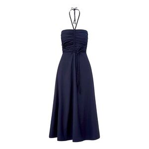 Veronica Beard Tucker Cotton Ruched Halter Midi Dress Navy